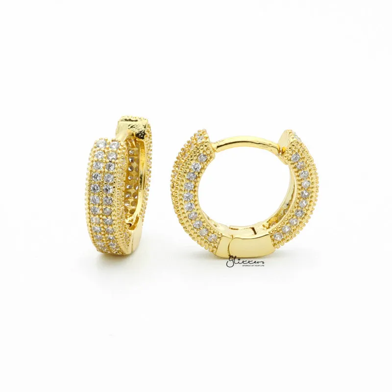 Iced Out One-Touch Huggie Hoop Earrings - Gold