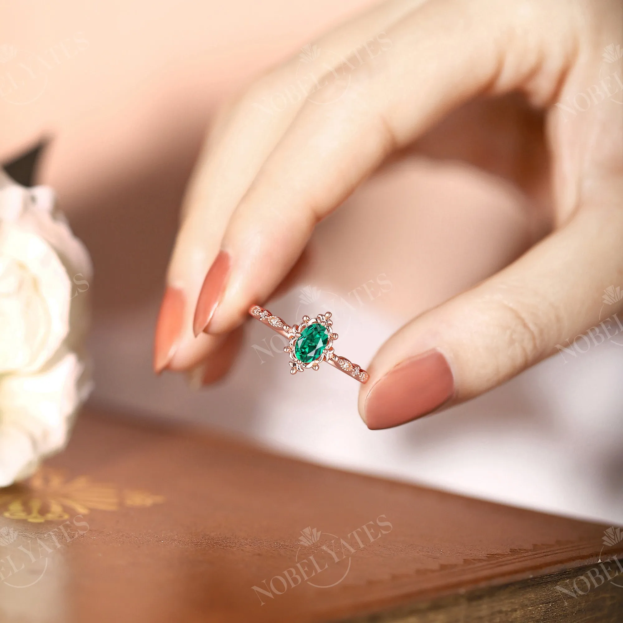 Lab Emerald & Diamond Vintage Filigree Engagement Ring Rose Gold