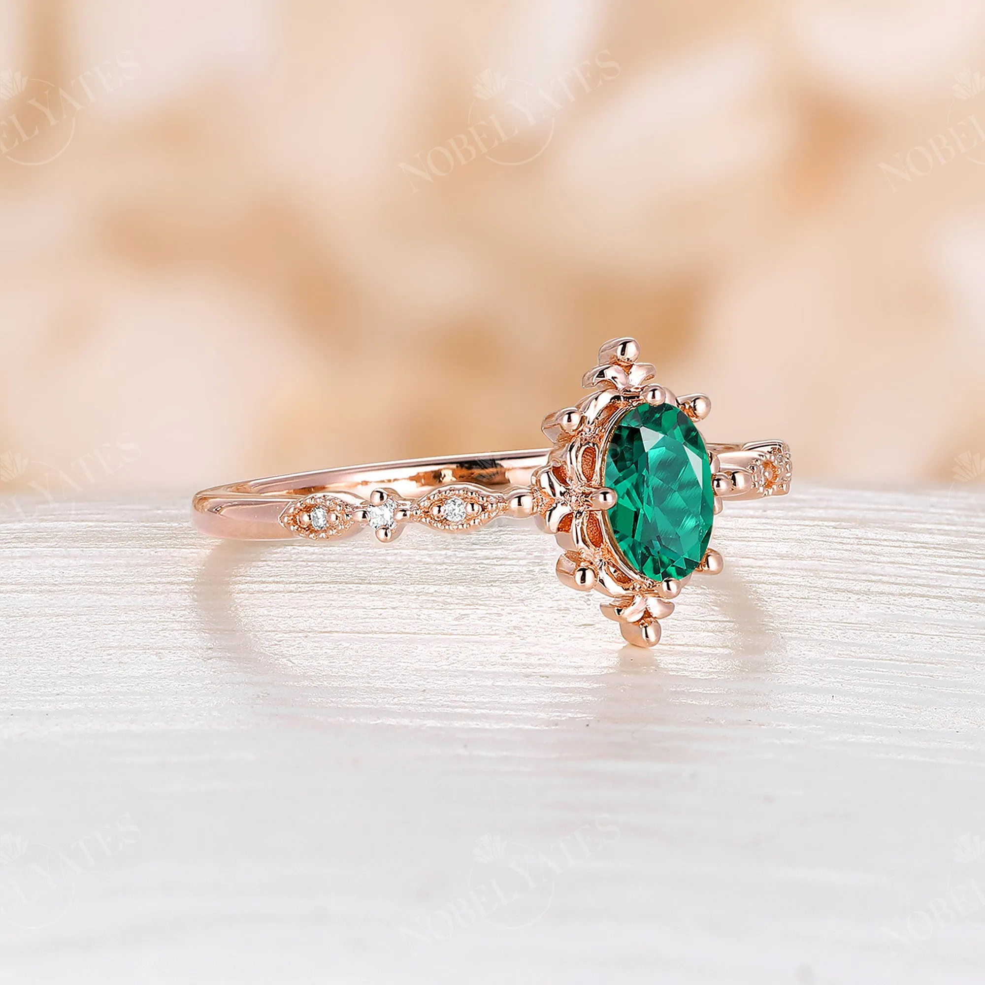 Lab Emerald & Diamond Vintage Filigree Engagement Ring Rose Gold