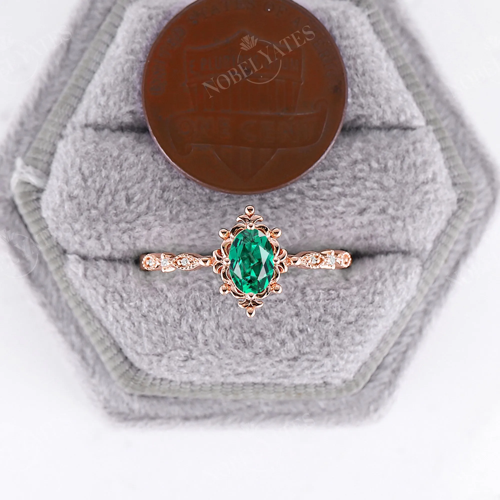 Lab Emerald & Diamond Vintage Filigree Engagement Ring Rose Gold