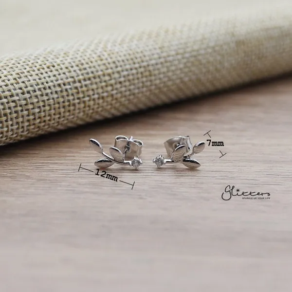 Leaf Sterling Silver Post Stud Earrings with Cubic Zirconia