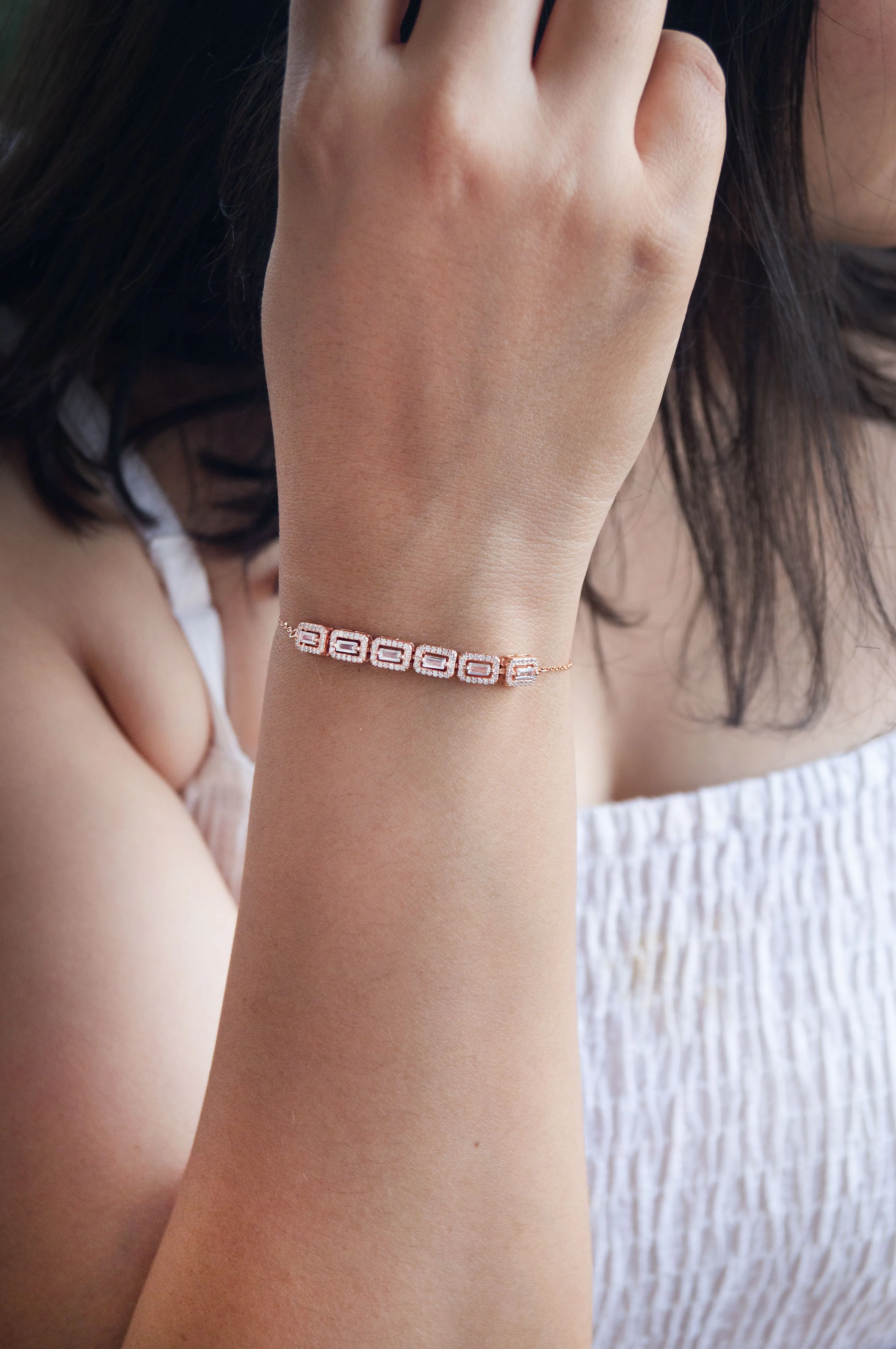 Linear Sparkle Rose Gold Plated Sterling Silver Adjustable Bracelet