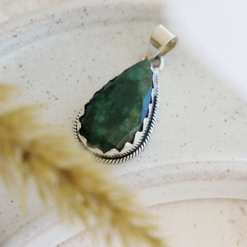 Lotus Emerald Quartz Teardrop Pendant