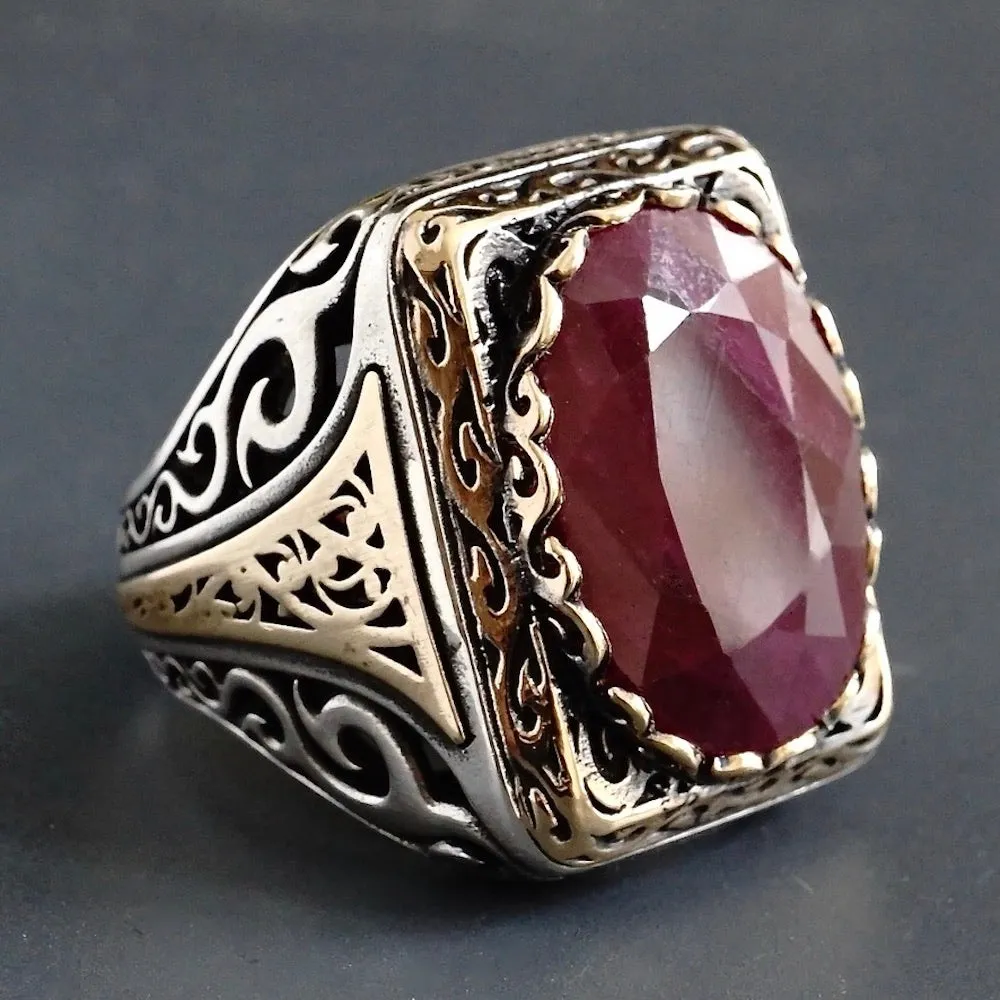 Men's Signet Ring Ruby Silver Yaqoot natural gemstone Sterling 925 Artisan Handmade Jewelry