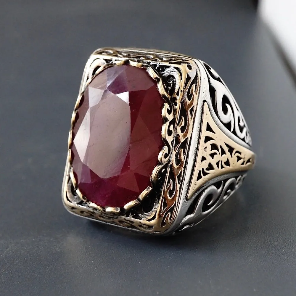 Men's Signet Ring Ruby Silver Yaqoot natural gemstone Sterling 925 Artisan Handmade Jewelry