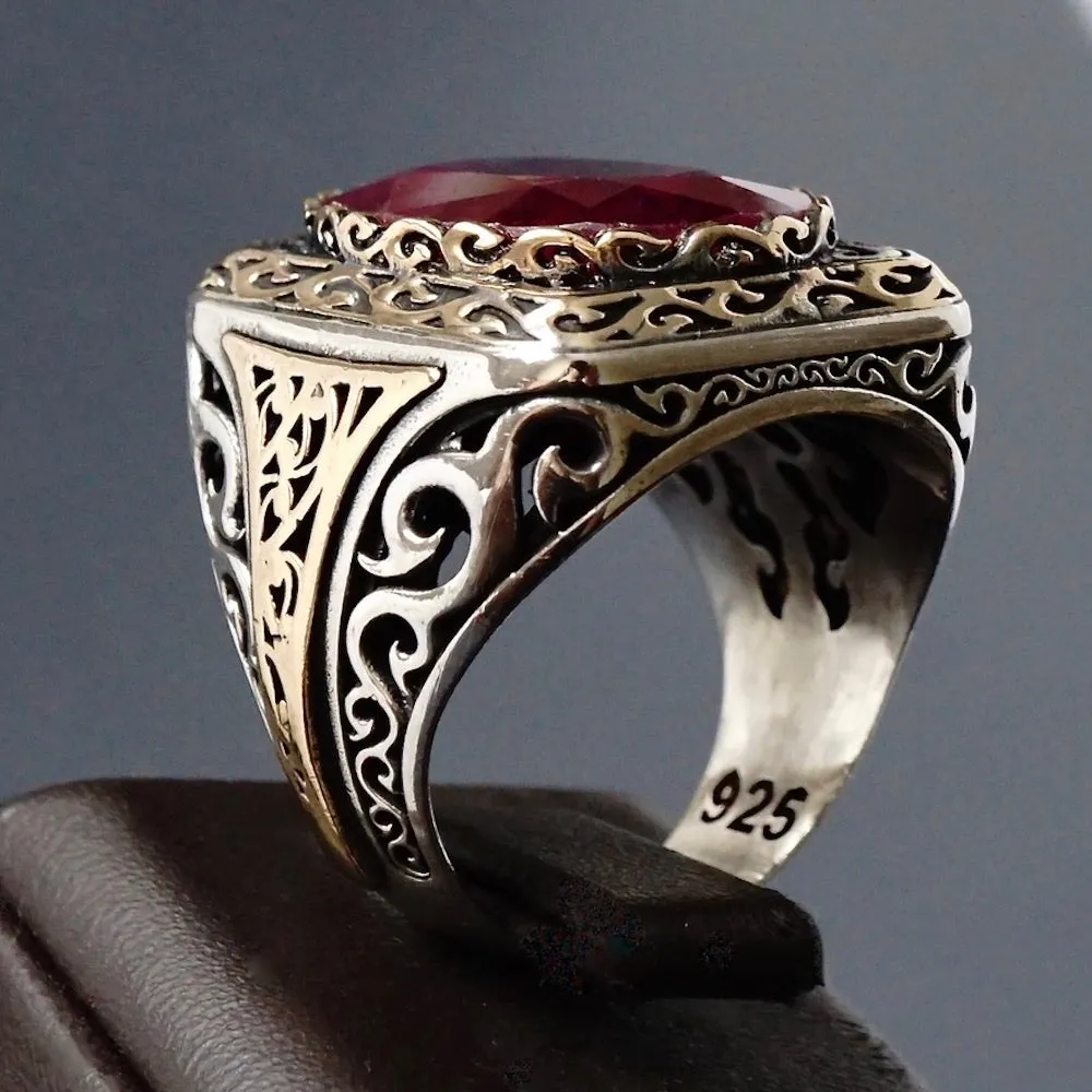 Men's Signet Ring Ruby Silver Yaqoot natural gemstone Sterling 925 Artisan Handmade Jewelry