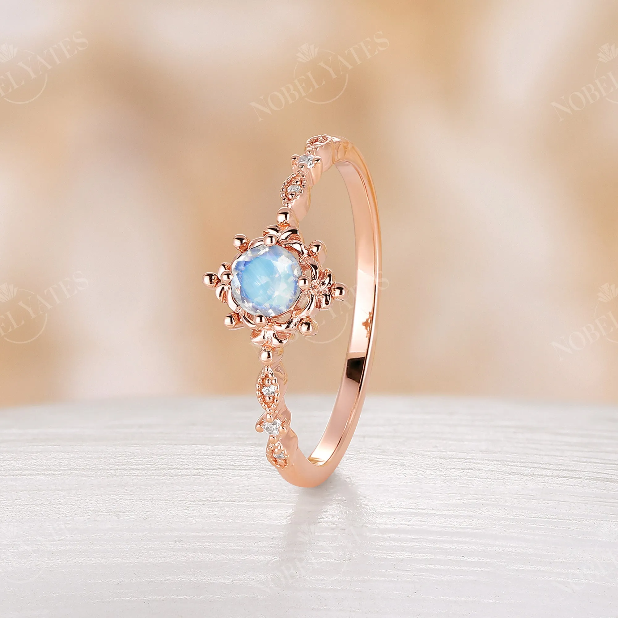 Moonstone & Diamond Milgrain Engagement Ring Rose Gold