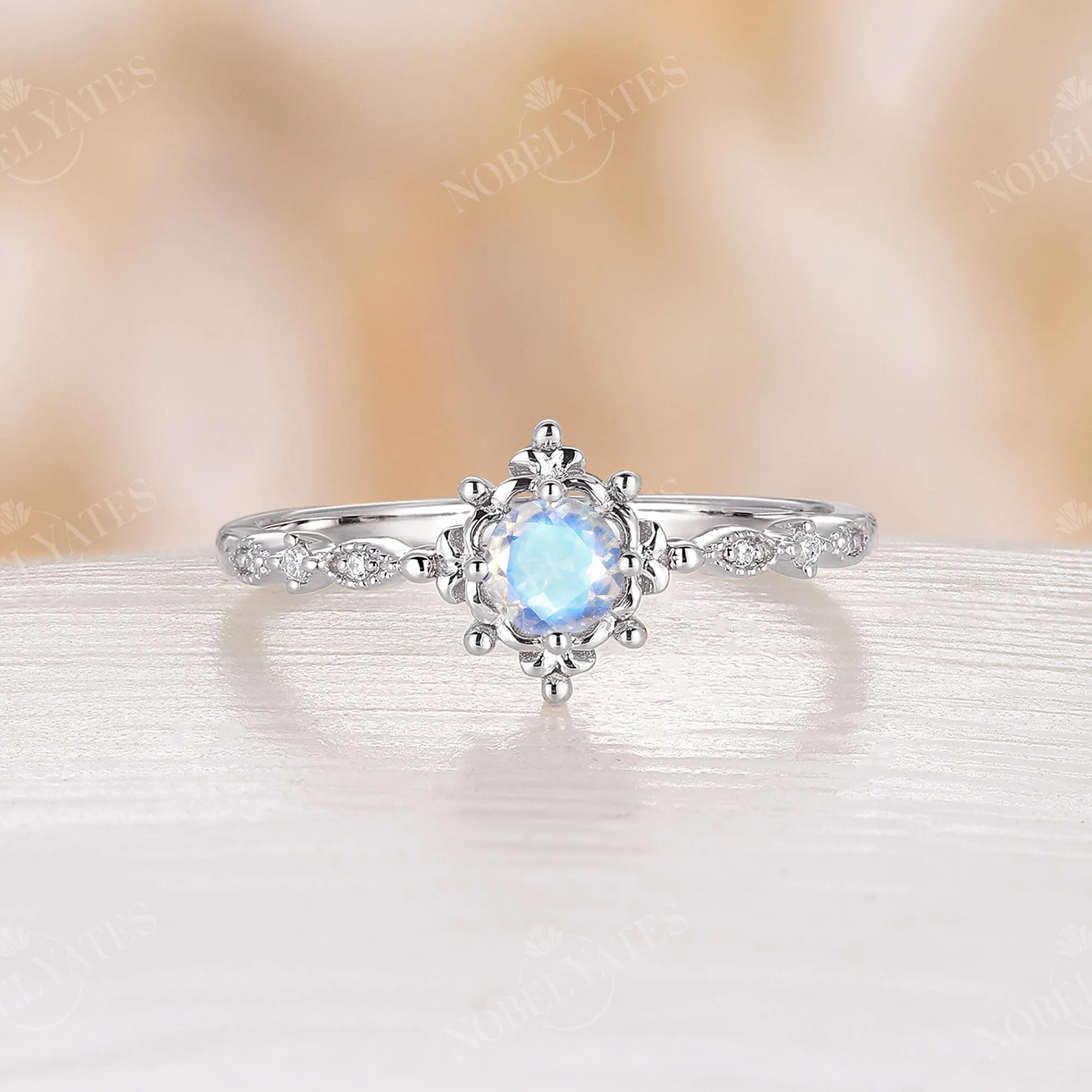 Moonstone & Diamond Milgrain Engagement Ring Rose Gold