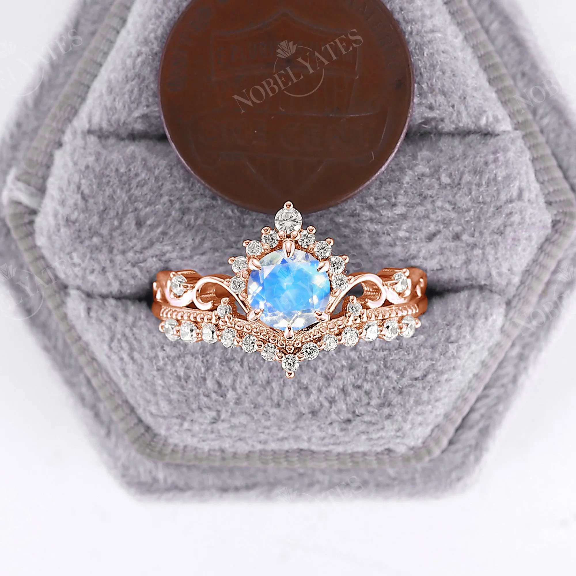 Moonstone Vintage Crown Rose Gold Milgrain Engagement Ring