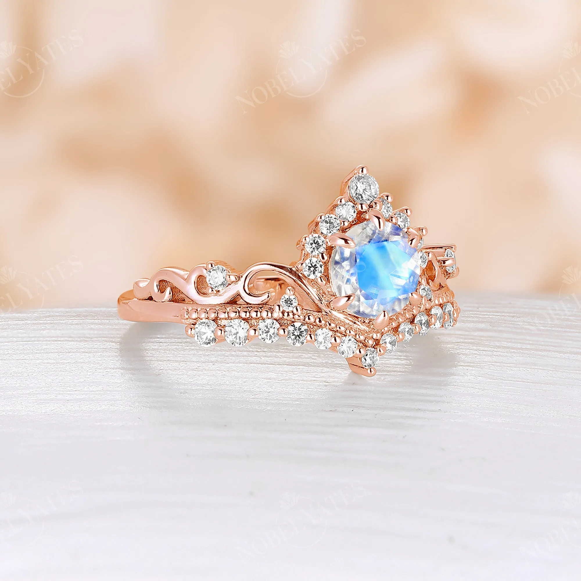 Moonstone Vintage Crown Rose Gold Milgrain Engagement Ring