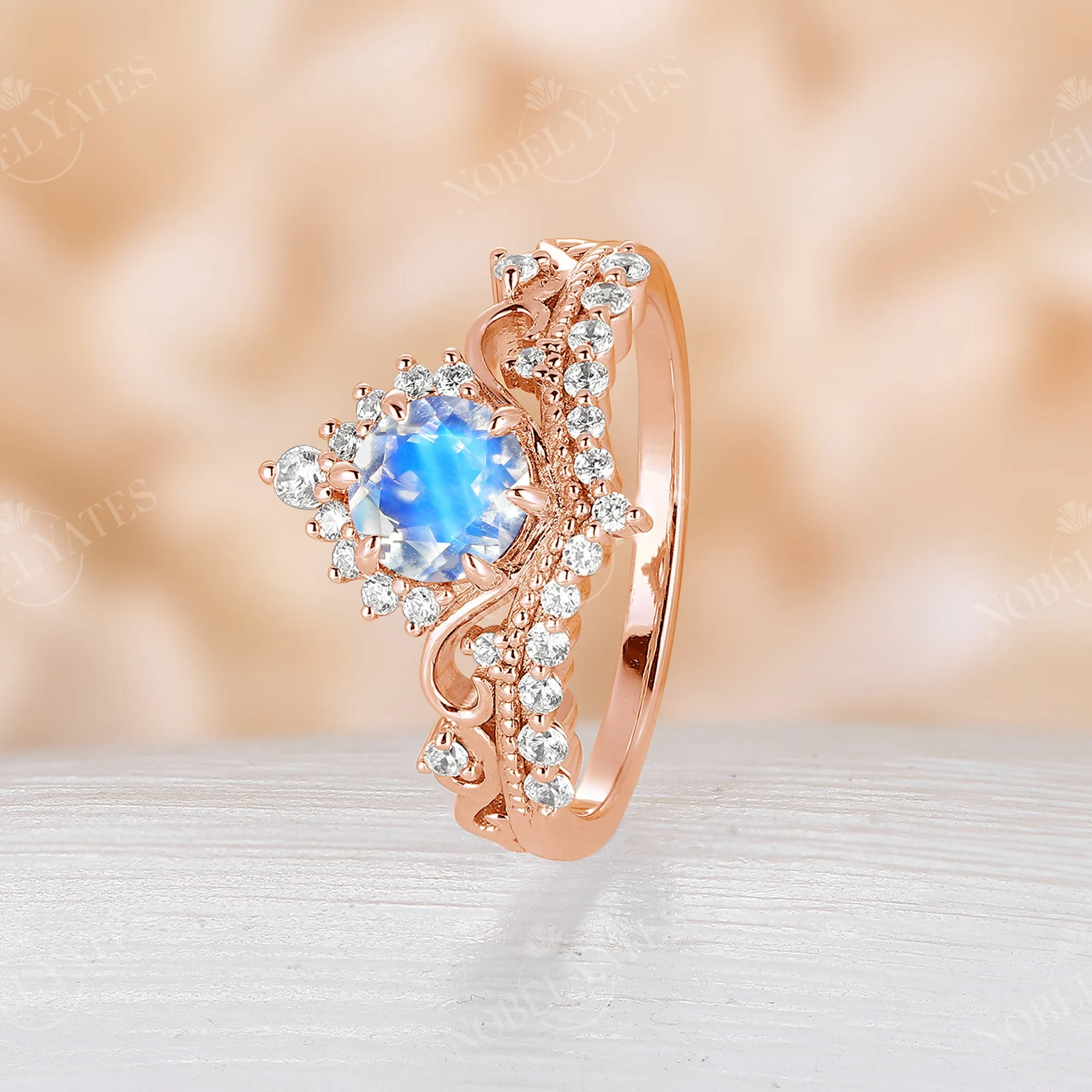 Moonstone Vintage Crown Rose Gold Milgrain Engagement Ring