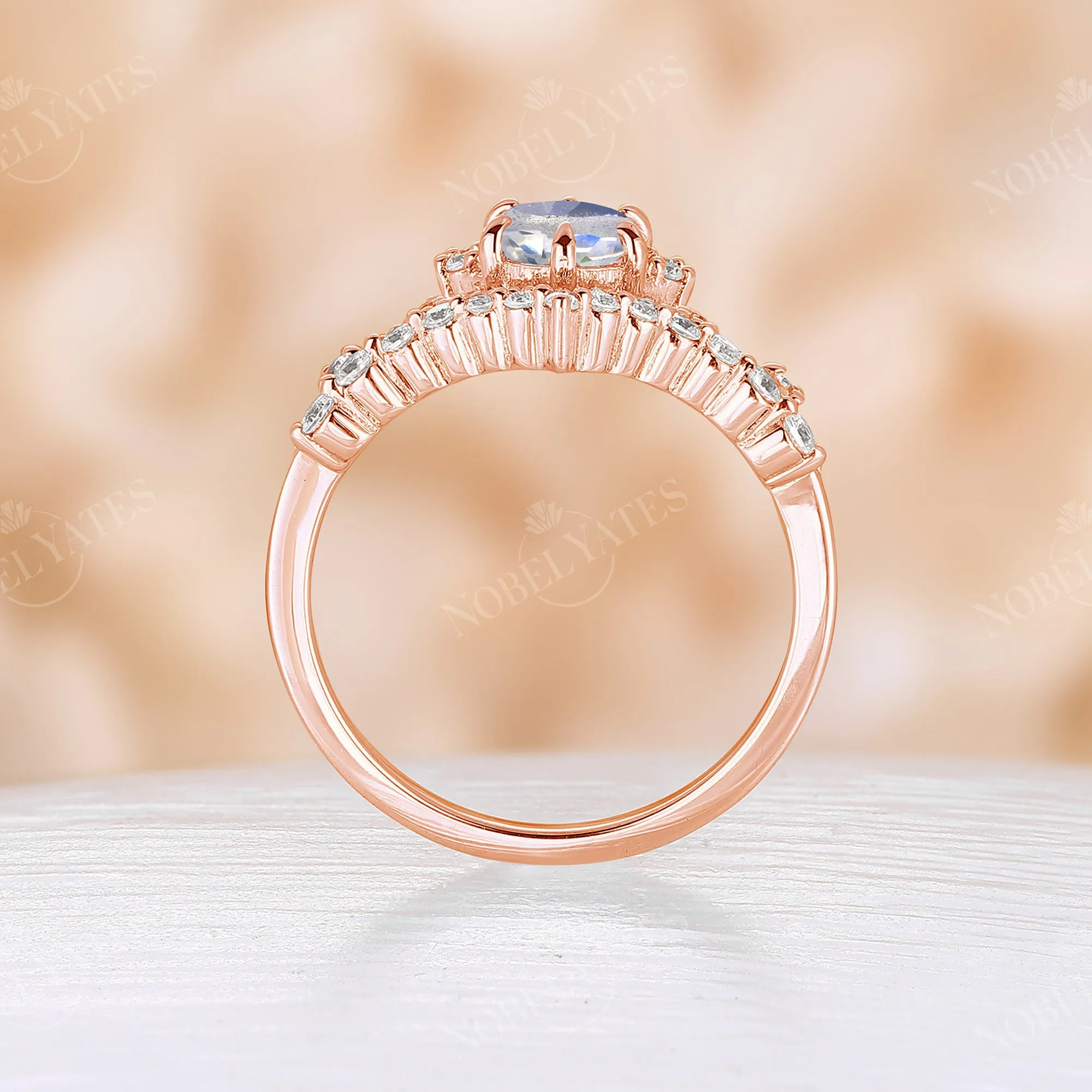 Moonstone Vintage Crown Rose Gold Milgrain Engagement Ring