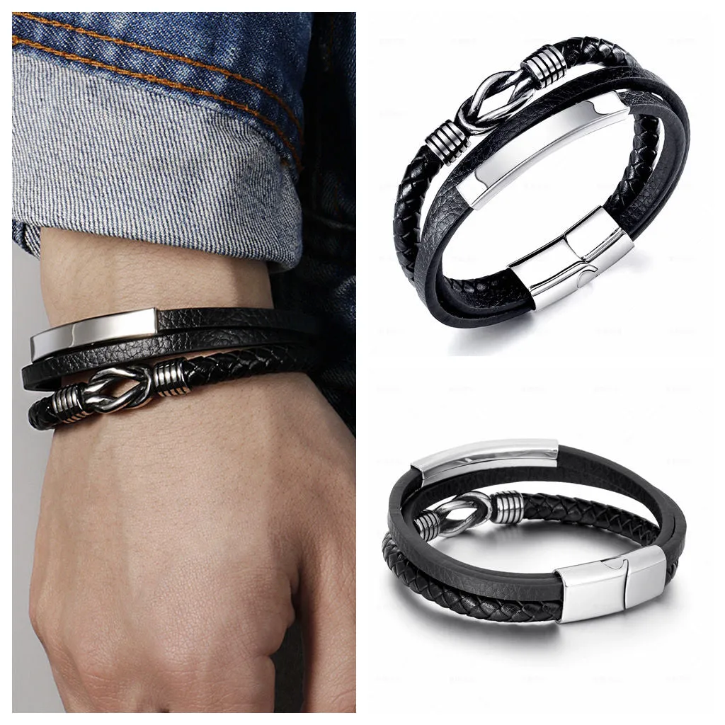 Multilayer Leather Love Knot Bracelet with ID Plate