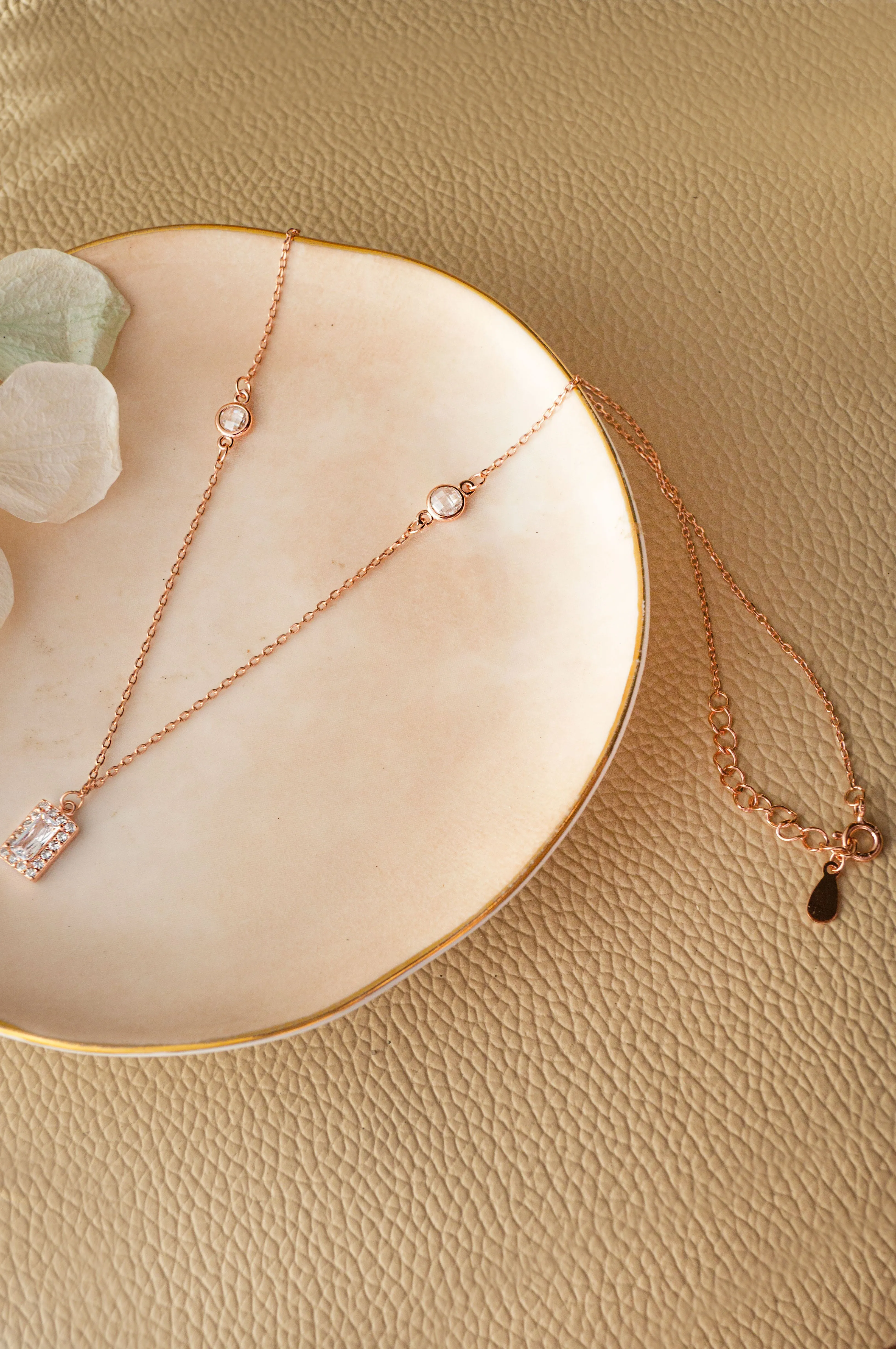 Mysterical Rectangle Solitaire Rose Gold Plated Sterling Silver Chain Necklace