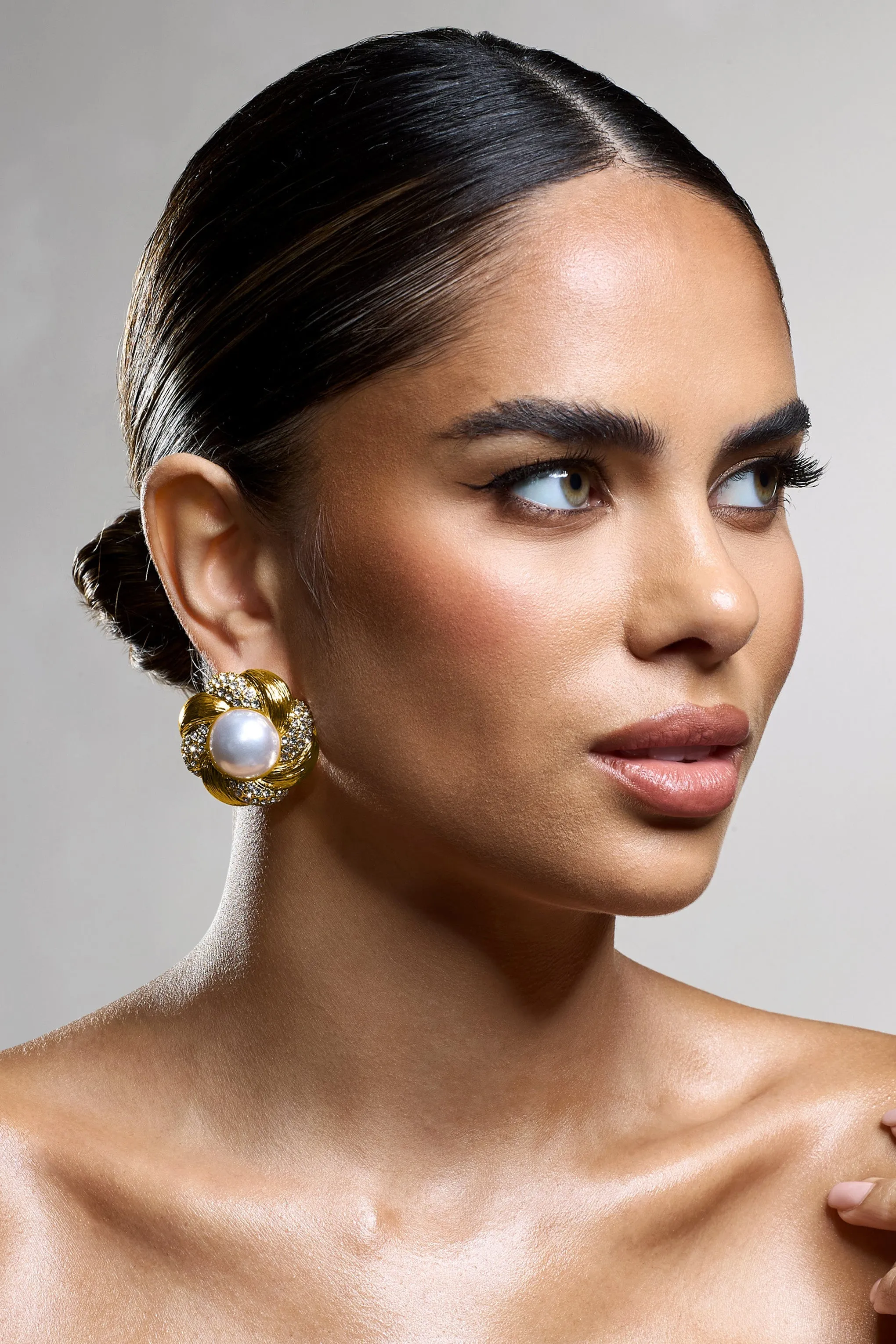 Nolita | Gold Diamante Pearl Pendant Earrings