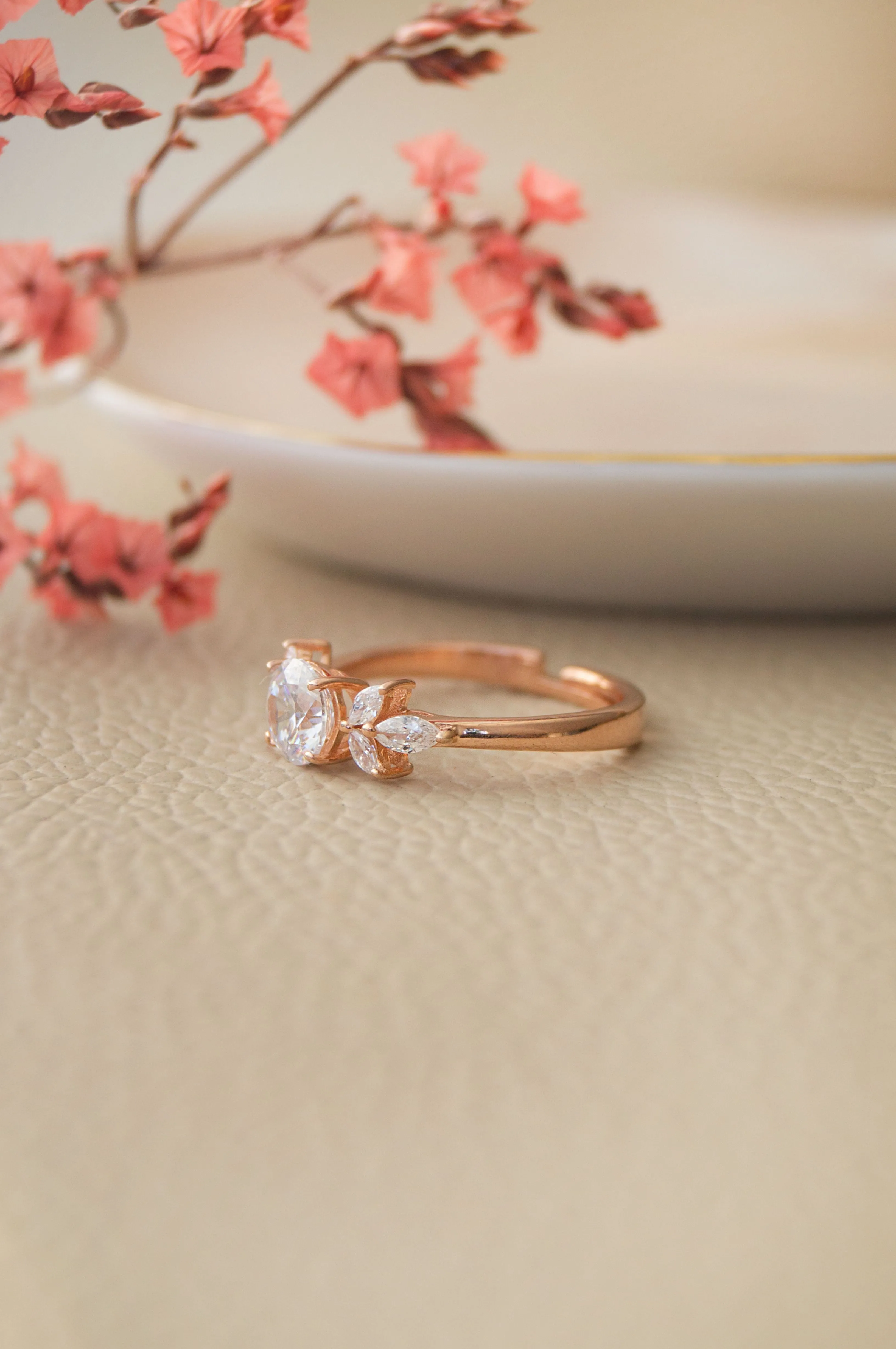 Ornate Solitaire Rose Gold Plated Sterling Silver Adjustable Ring