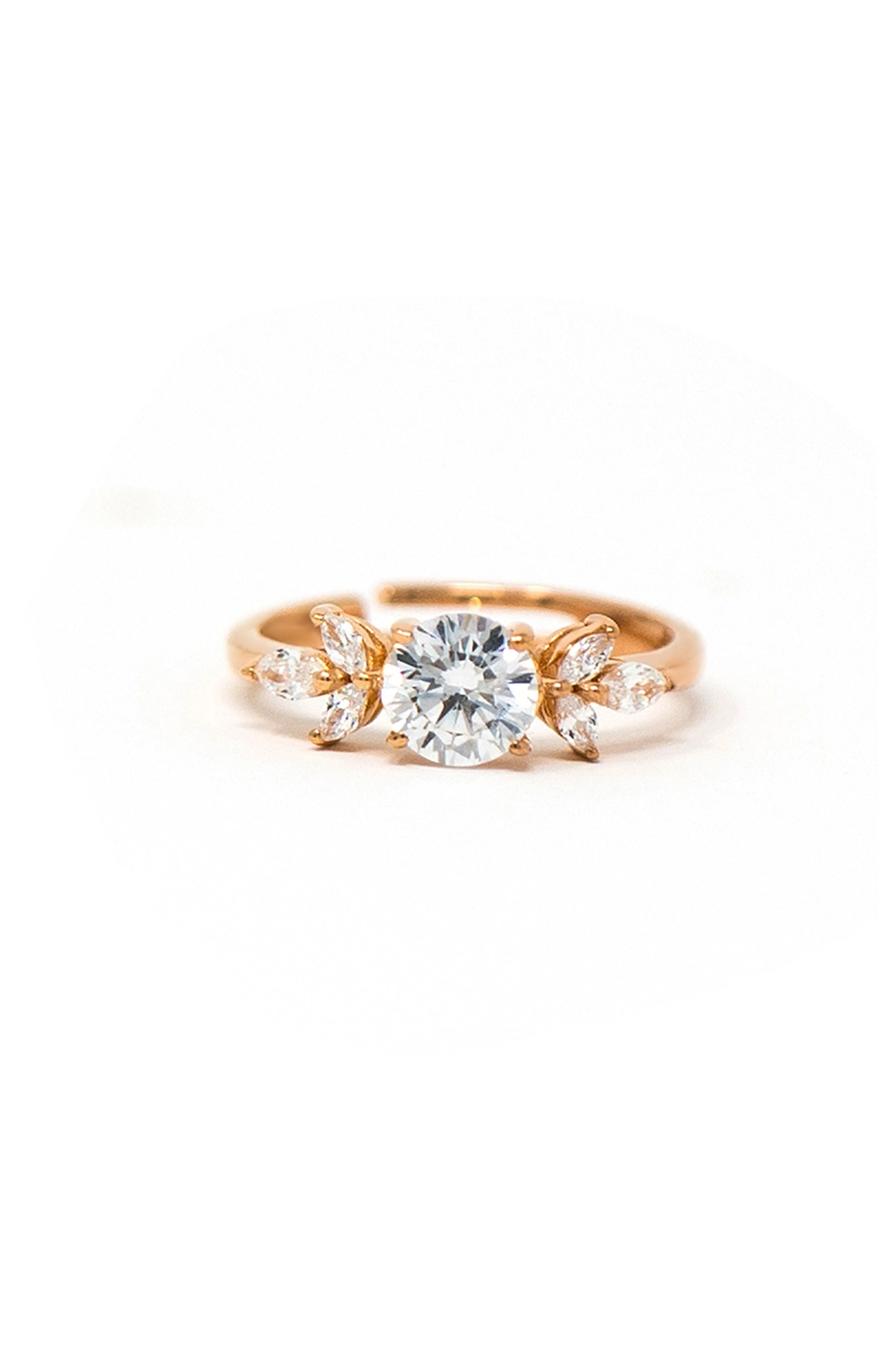 Ornate Solitaire Rose Gold Plated Sterling Silver Adjustable Ring