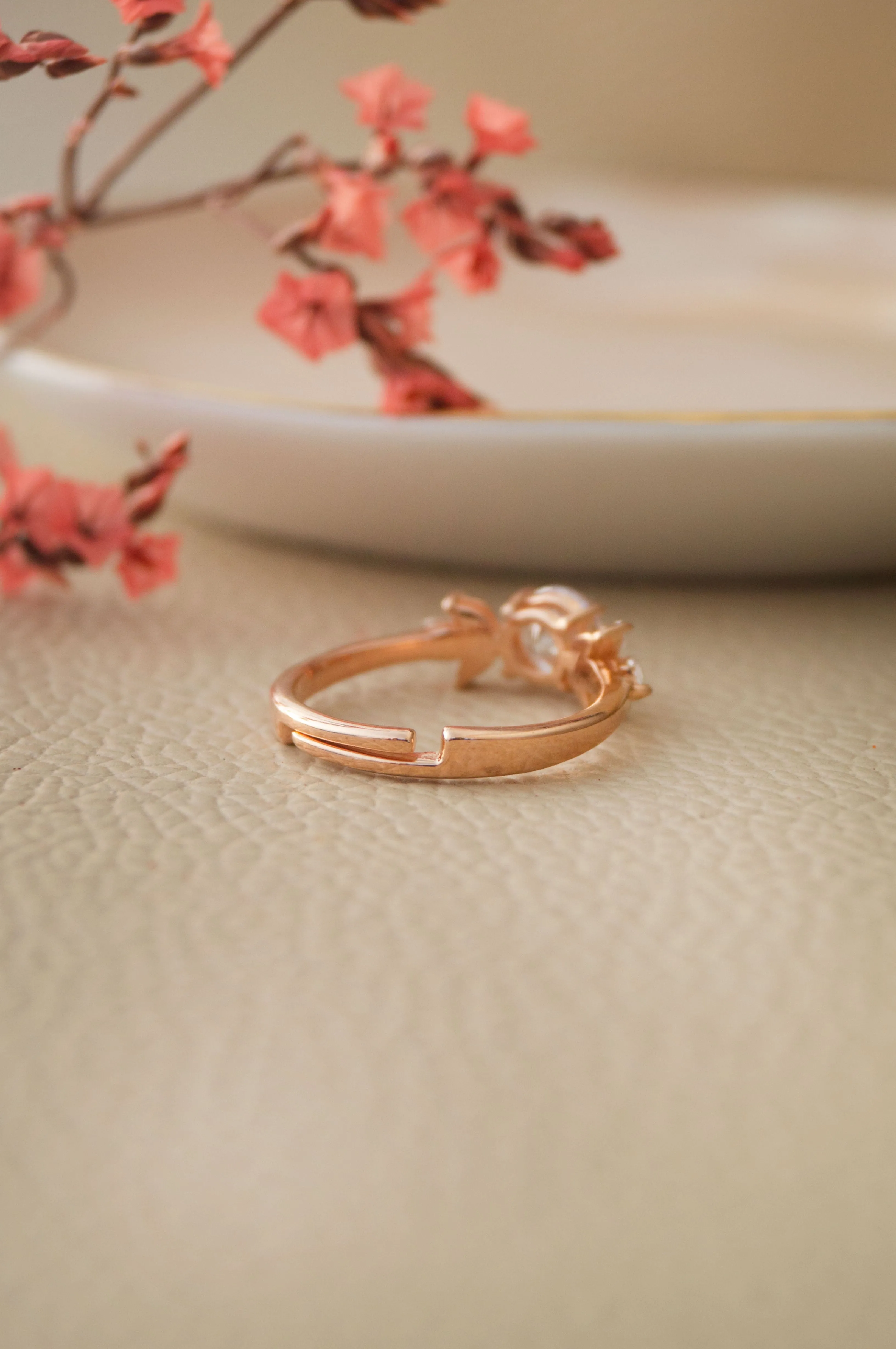 Ornate Solitaire Rose Gold Plated Sterling Silver Adjustable Ring