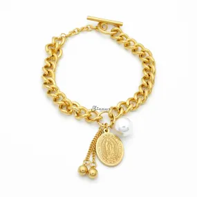 Our Lady of Guadalupe Charm Gold I.P Stainless Steel T-Bar Bracelet