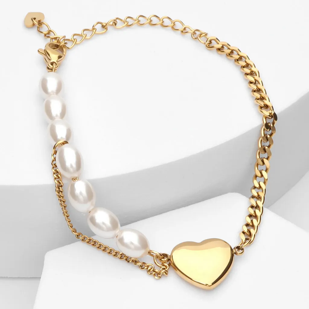 Pearls and Stainless Steel Chain Women's Bracelet with Heart Charm - Gold