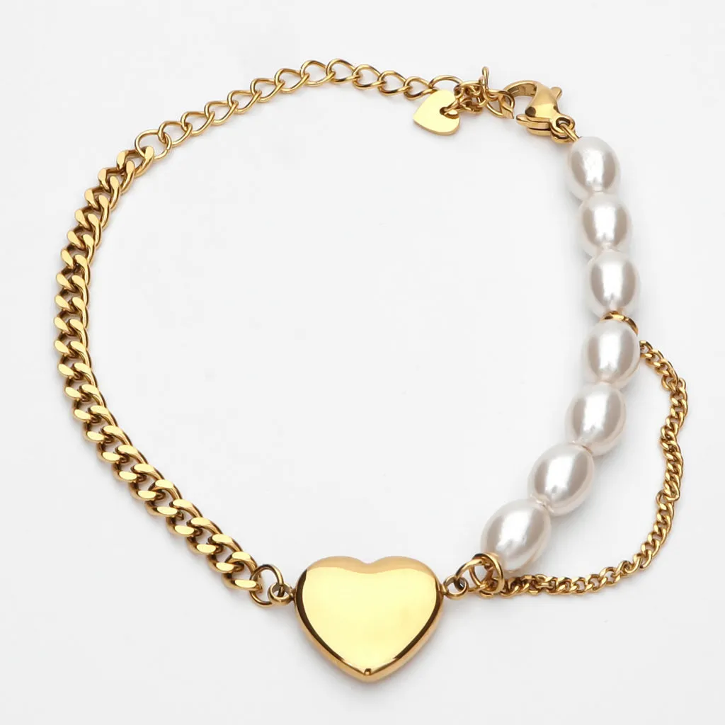 Pearls and Stainless Steel Chain Women's Bracelet with Heart Charm - Gold