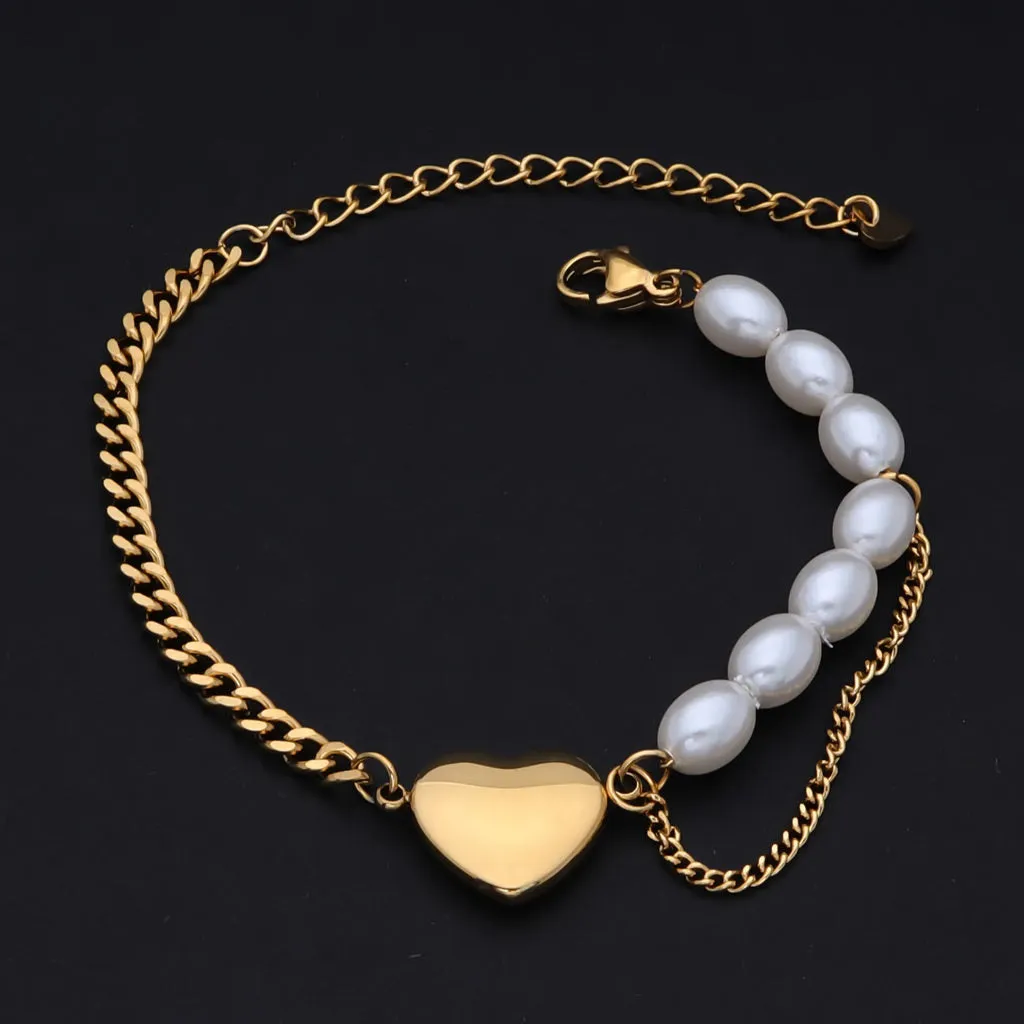 Pearls and Stainless Steel Chain Women's Bracelet with Heart Charm - Gold