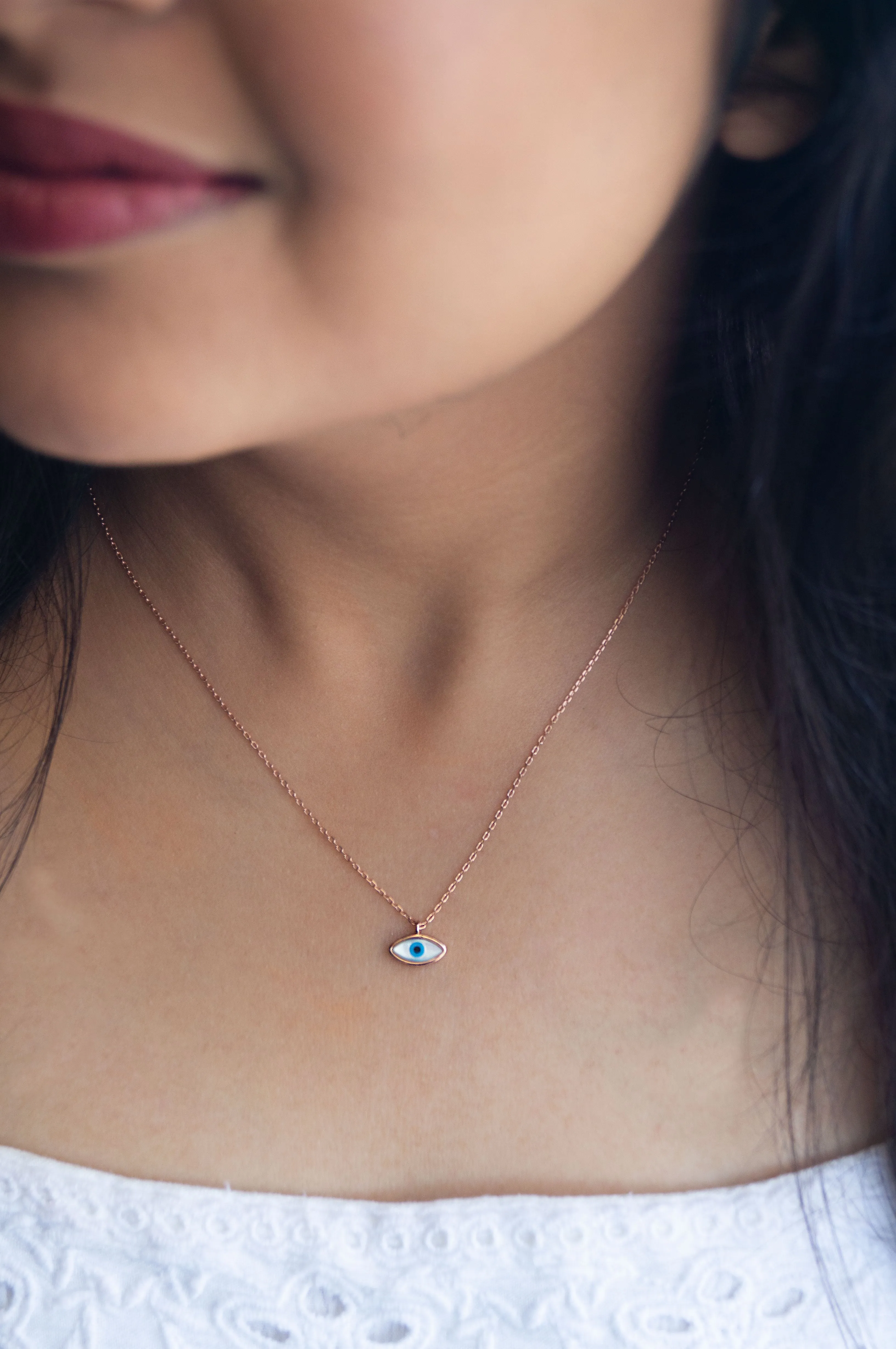 Petite Dainty Evil Eye Rose Gold Plated Sterling Silver Chain Necklace