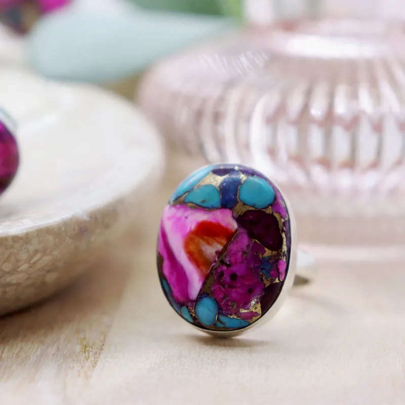 Pink Dahlia Copper Turquoise Ring