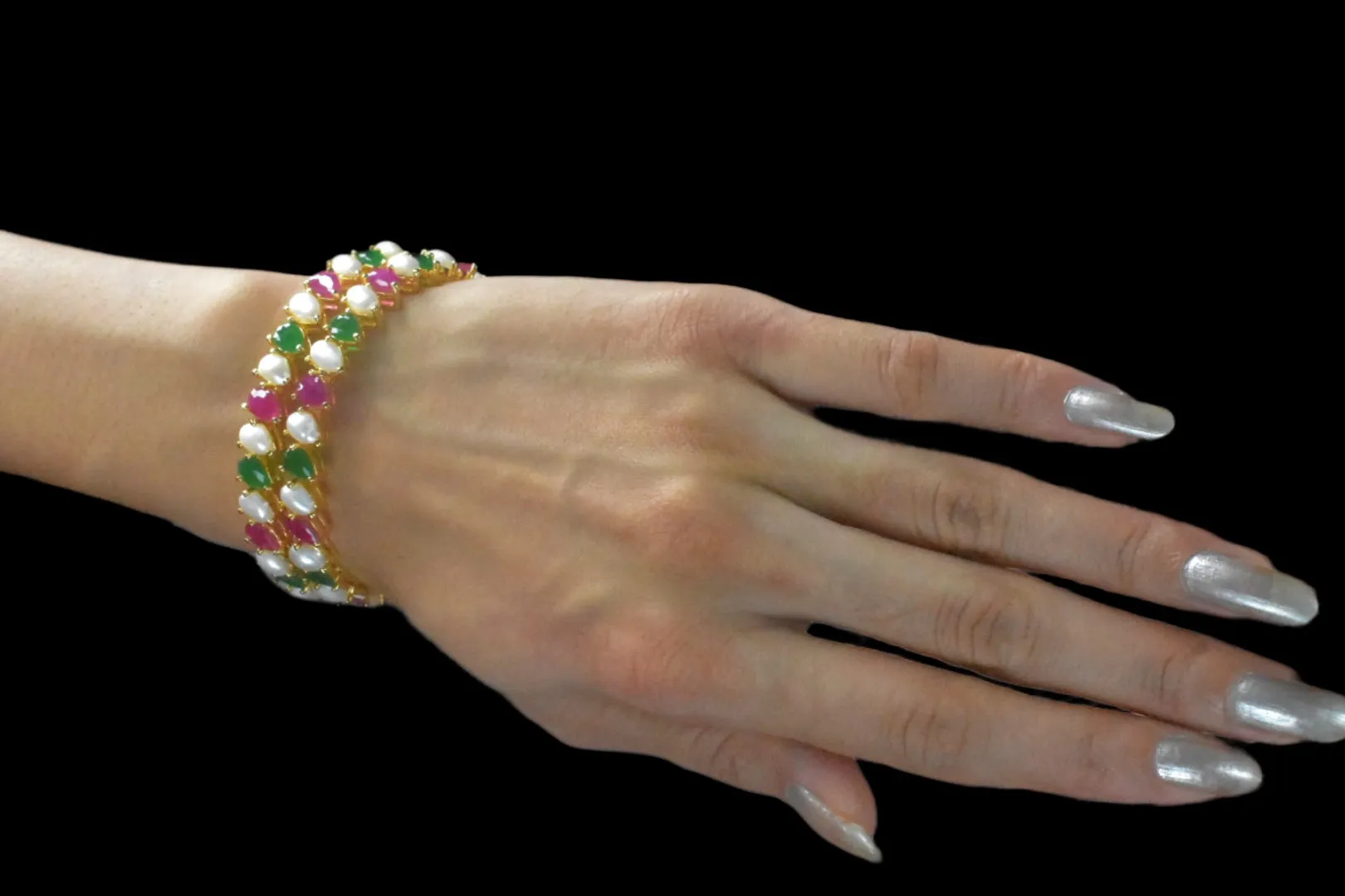 Precious Gemstones Pearl Ruby Emerald Bangle Pair By Asp Fashion Jewellery