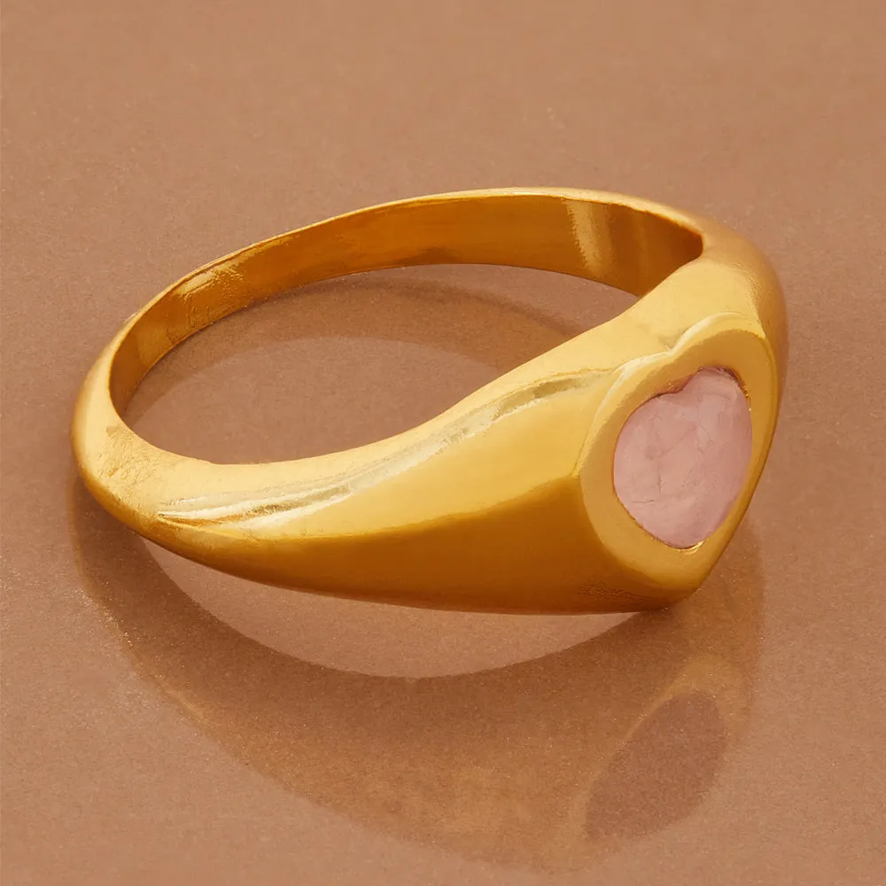 Real Gold Plated Gold Z Rose Quartz Heart Signet Ring-Small