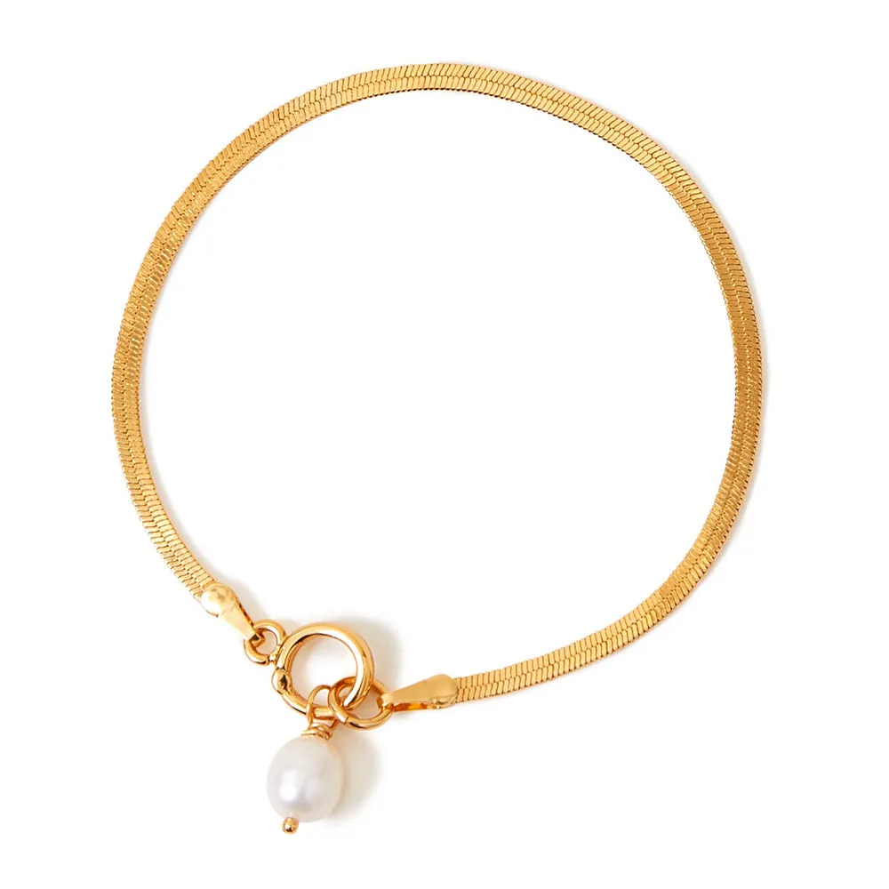 Real Gold Plated Pearl Z Herringbone Chain Pearl Bracelet