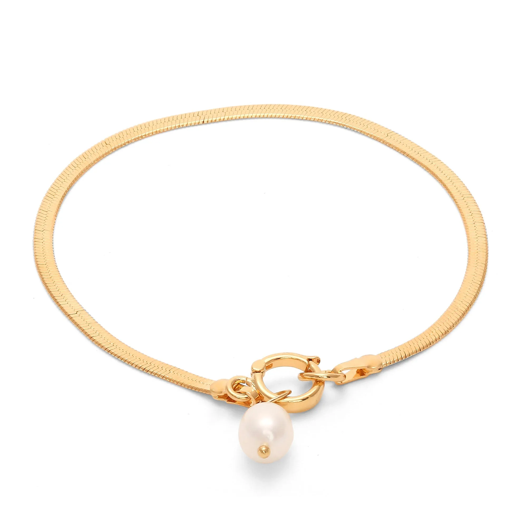 Real Gold Plated Pearl Z Herringbone Chain Pearl Bracelet