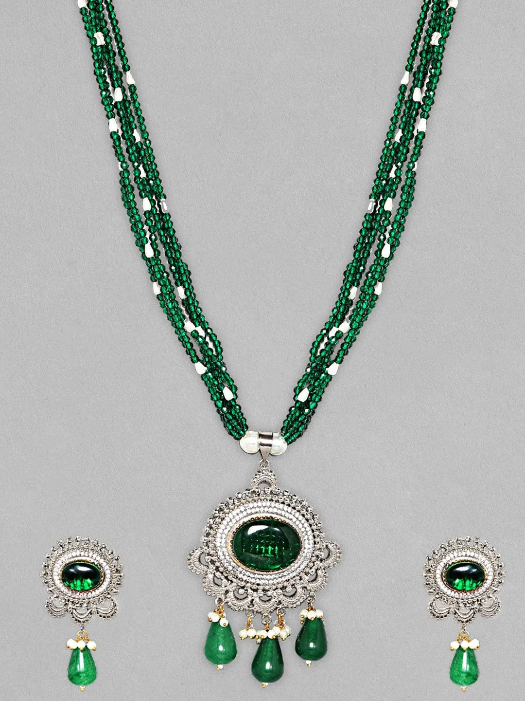 Rhodium-Plated AD Studded  Green Color Stone-Beaded Long Jewellery Set