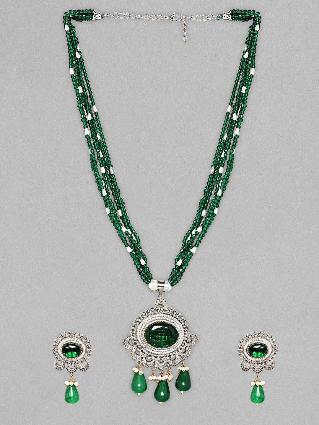 Rhodium-Plated AD Studded  Green Color Stone-Beaded Long Jewellery Set