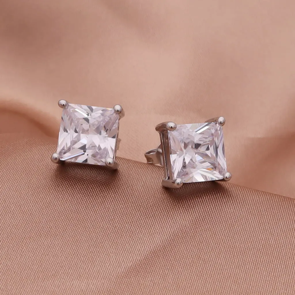 Rhodium Plated Clear Square C.Z Stud Earrings