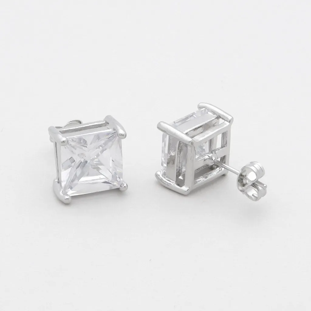 Rhodium Plated Clear Square C.Z Stud Earrings