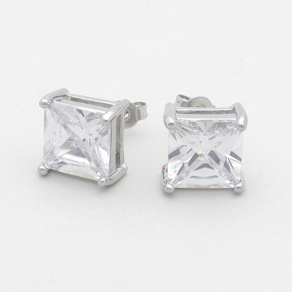 Rhodium Plated Clear Square C.Z Stud Earrings