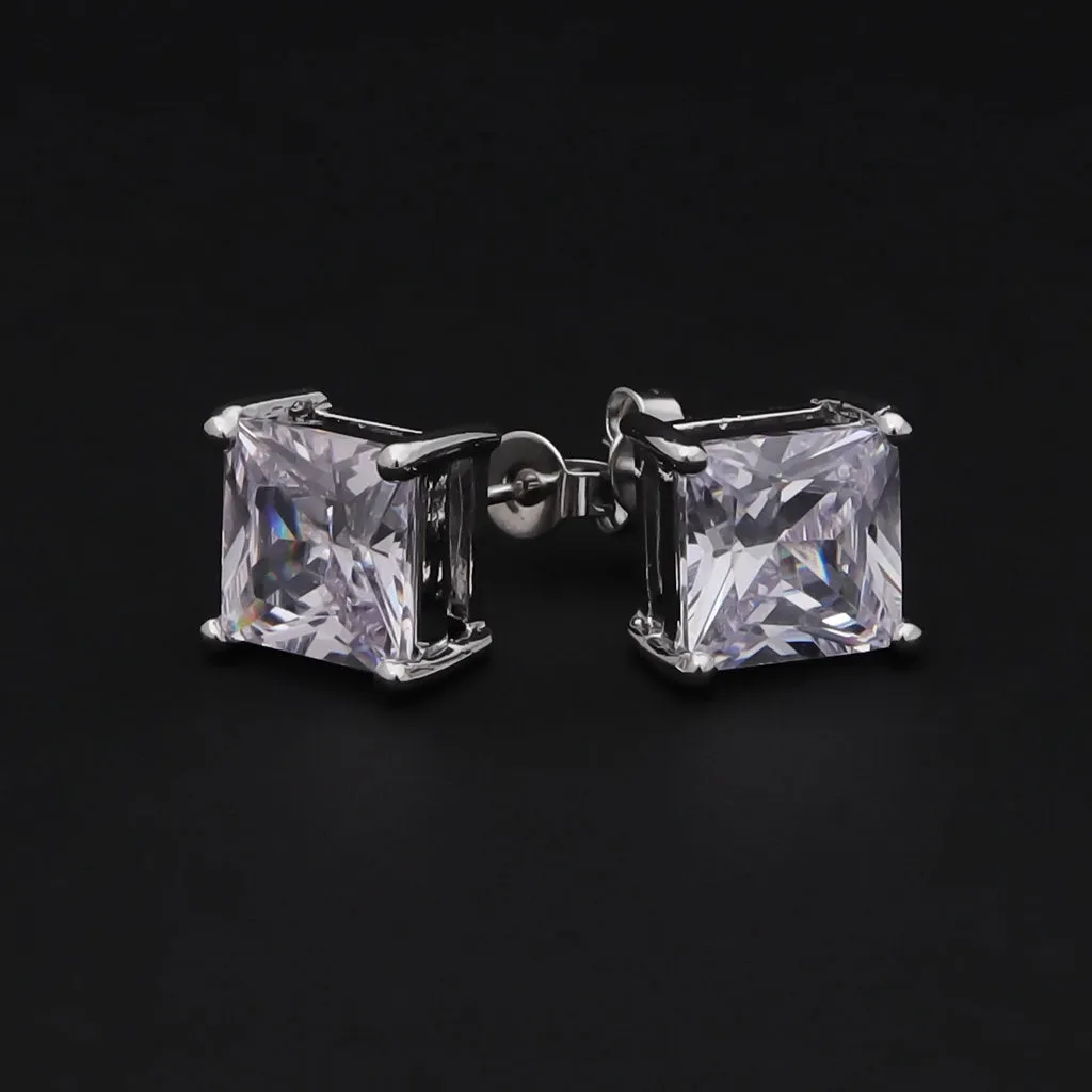 Rhodium Plated Clear Square C.Z Stud Earrings