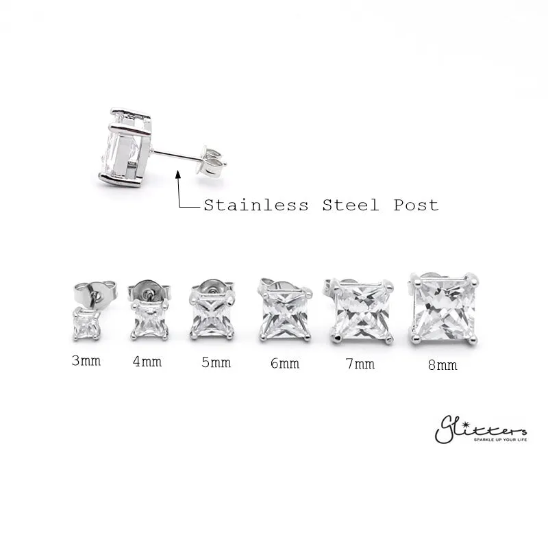 Rhodium Plated Clear Square C.Z Stud Earrings