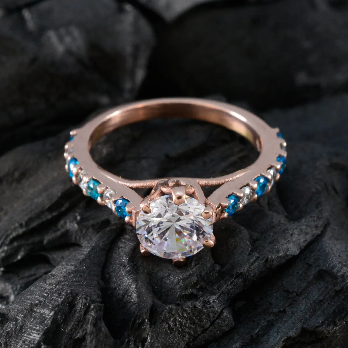 Riyo Best Silver Ring With Rose Gold Plating Blue Topaz CZ Stone Round Shape Prong Setting Antique Jewelry Cocktail Ring