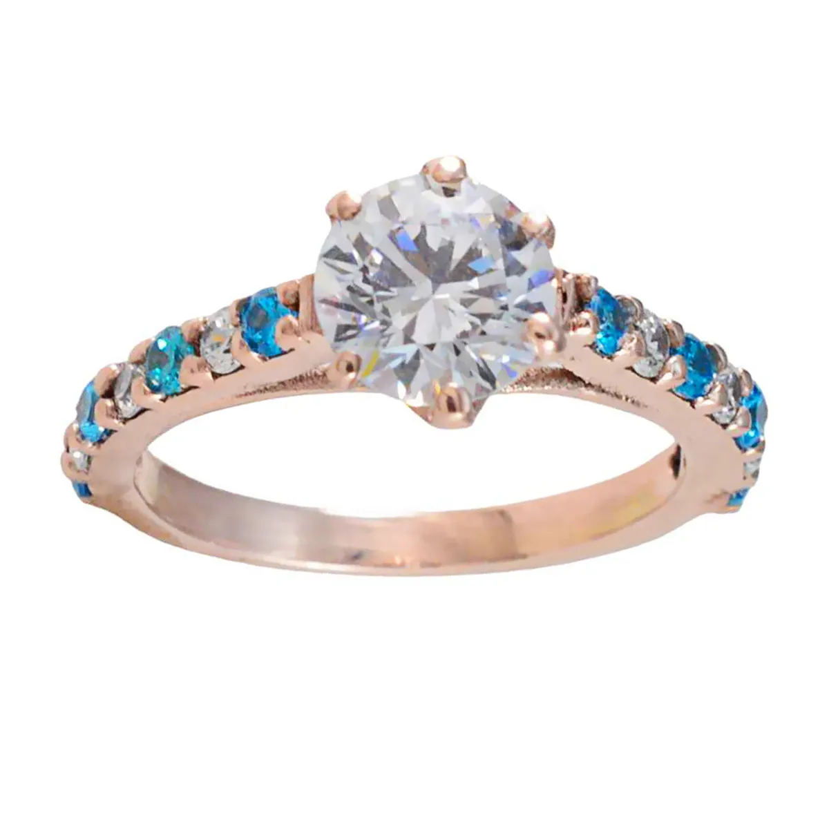 Riyo Best Silver Ring With Rose Gold Plating Blue Topaz CZ Stone Round Shape Prong Setting Antique Jewelry Cocktail Ring