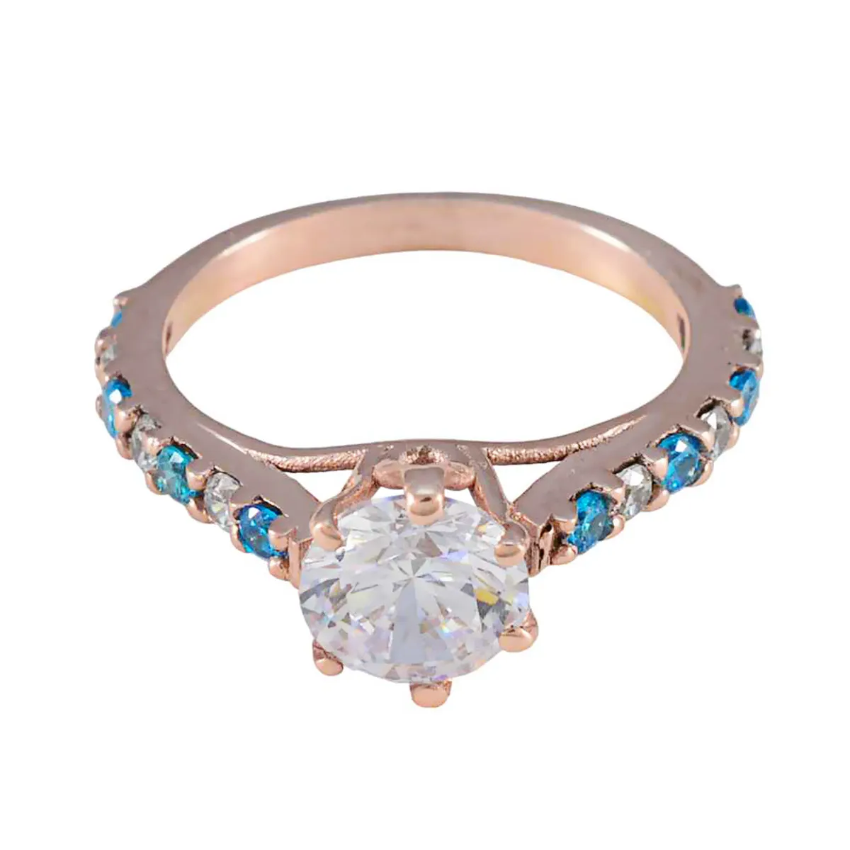 Riyo Best Silver Ring With Rose Gold Plating Blue Topaz CZ Stone Round Shape Prong Setting Antique Jewelry Cocktail Ring