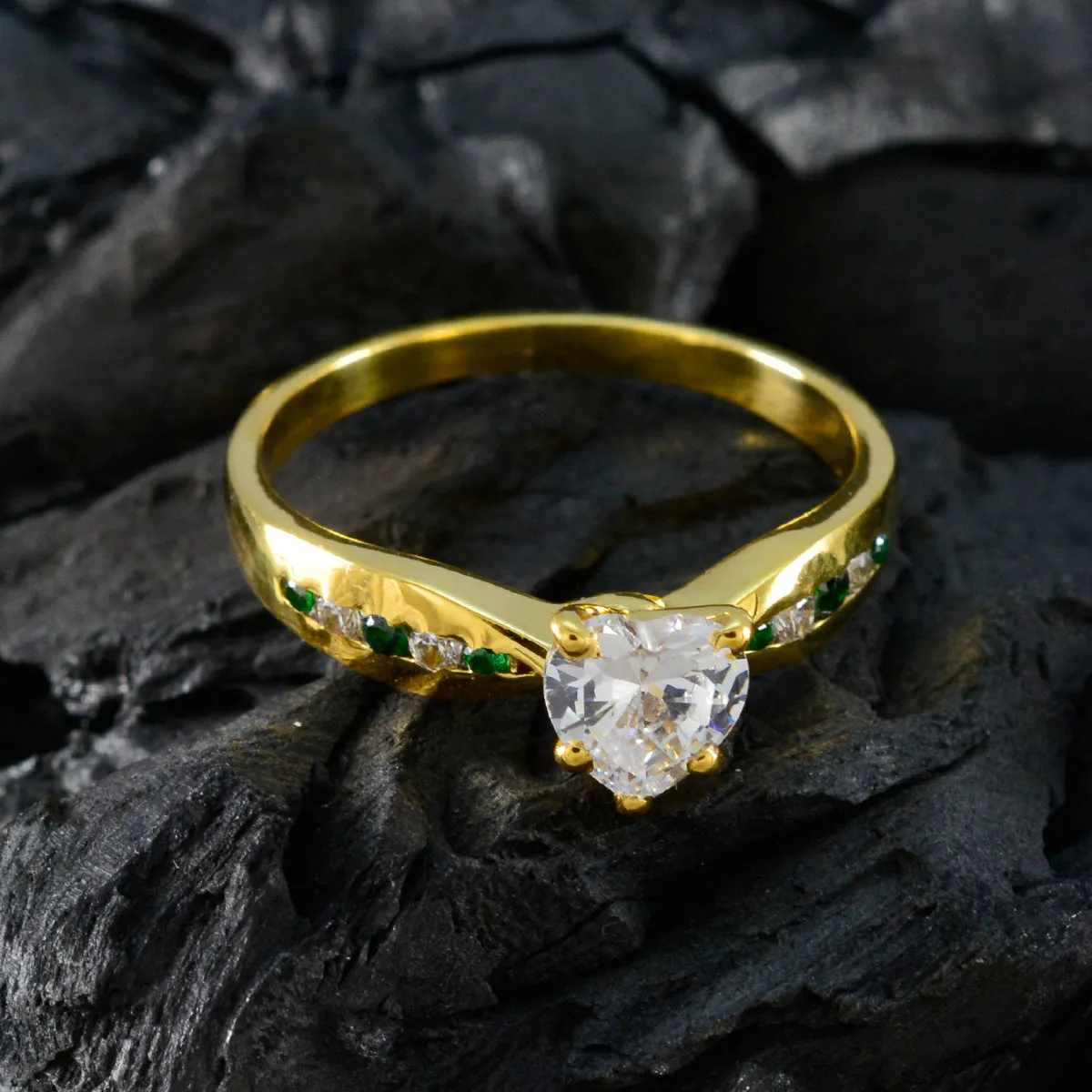 Riyo Classical Silver Ring With Yellow Gold Plating Emerald CZ Stone Heart Shape Prong Setting  Jewelry Engagement Ring