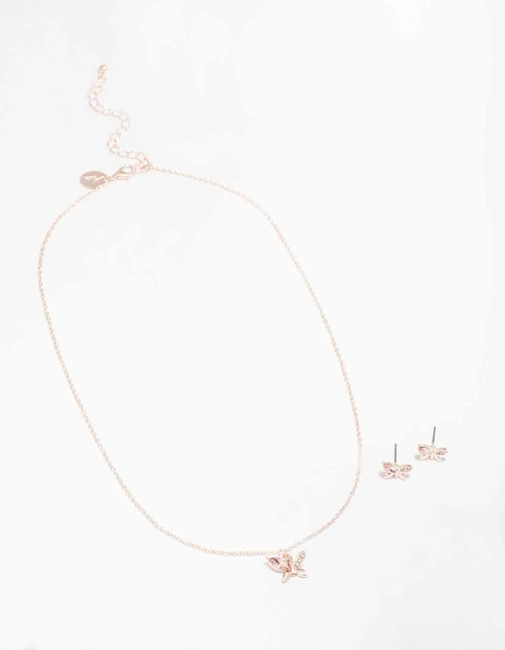 Rose Gold Diamante Butterfly Necklace & Stud Earring Set