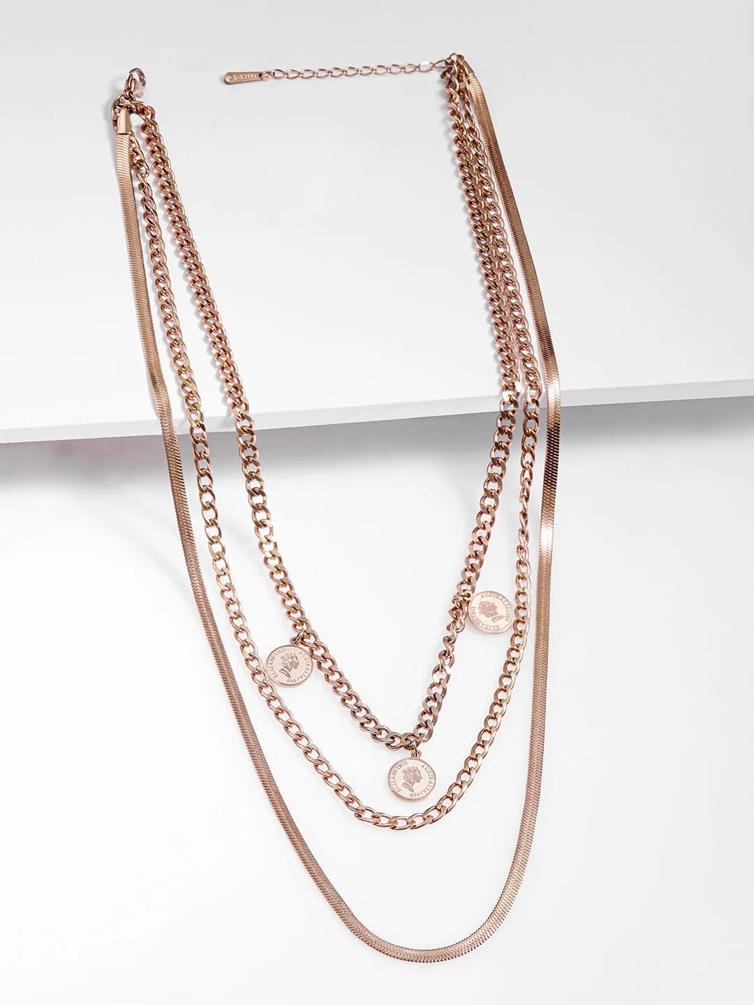 Rose Gold Plated Coin Pendant Multi Layered Necklace And Chains