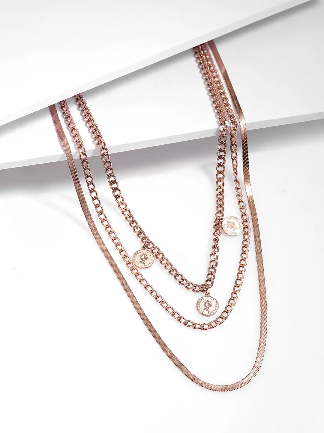 Rose Gold Plated Coin Pendant Multi Layered Necklace And Chains