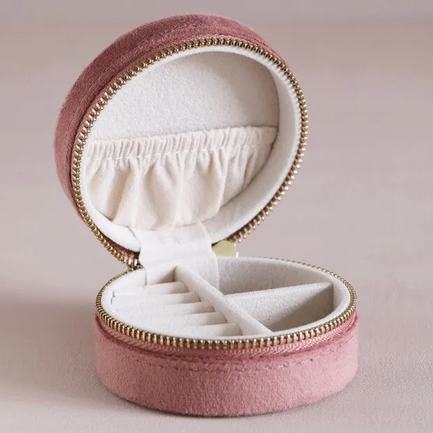 Round Pastel Pink Velvet Mini Travel Jewellery Case