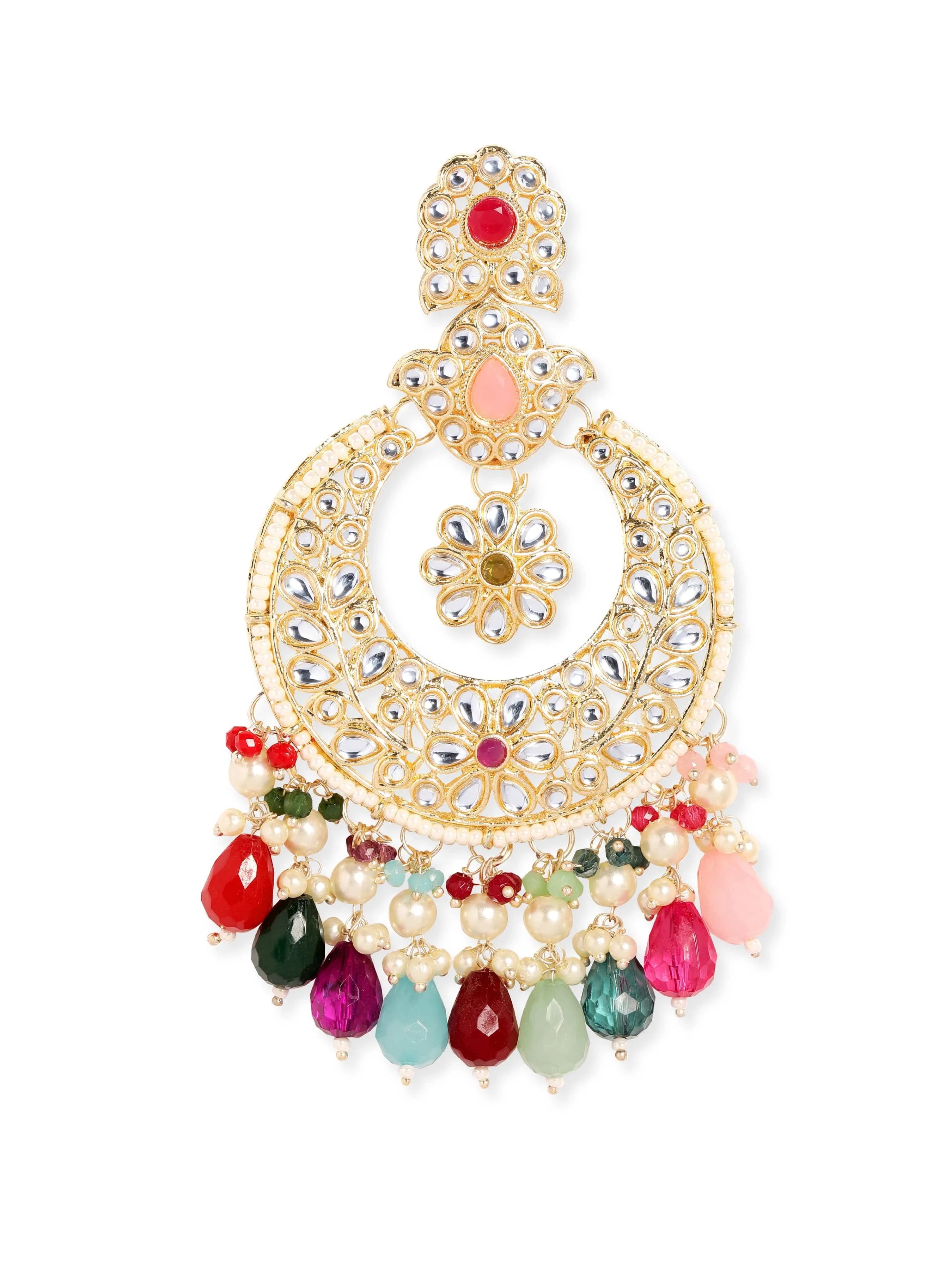 Rubans 22K Gold plated kundan crystals studded multicolour beads and pearls chandbali earrings