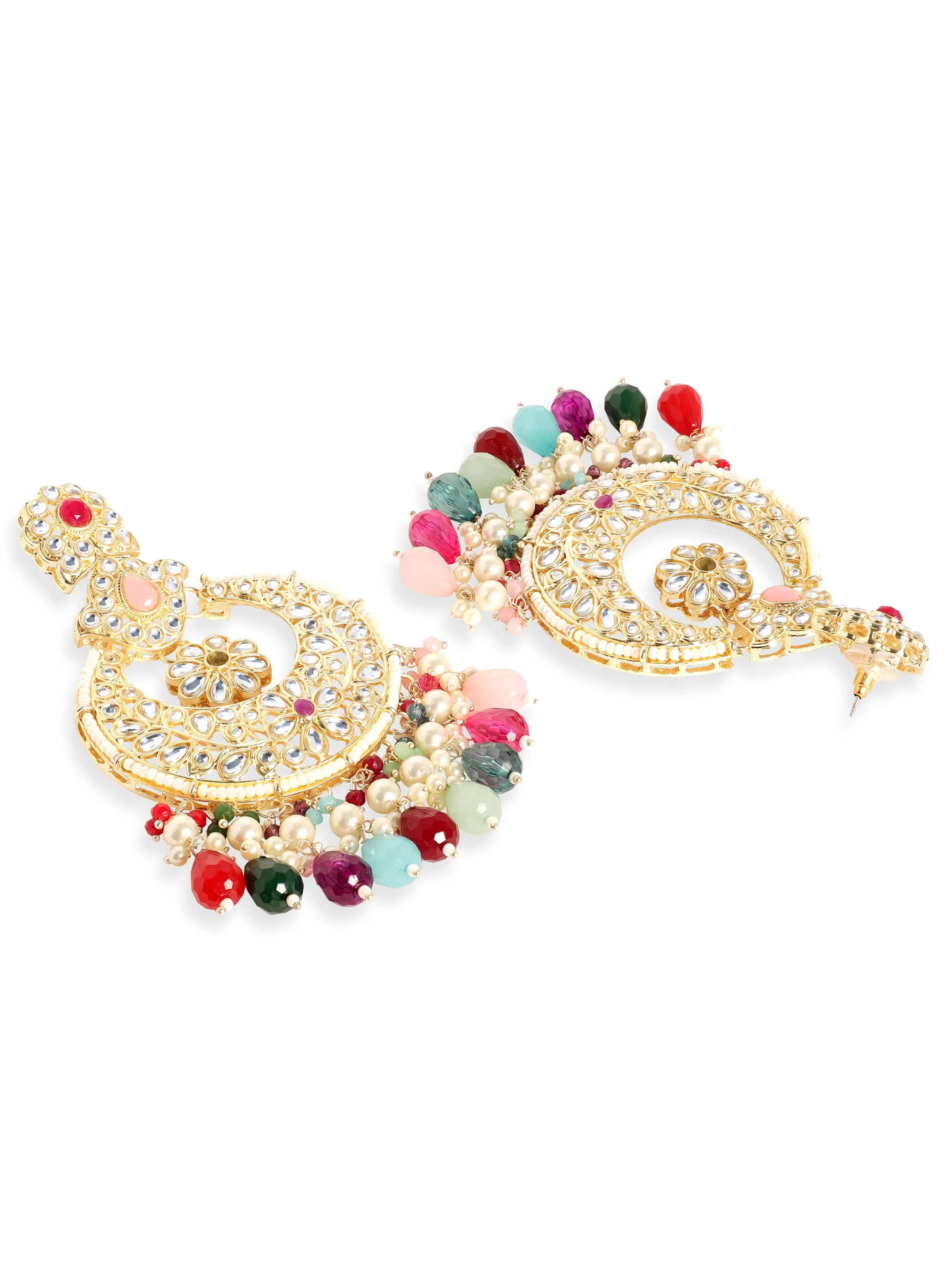 Rubans 22K Gold plated kundan crystals studded multicolour beads and pearls chandbali earrings