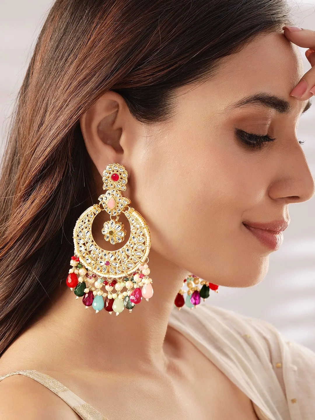 Rubans 22K Gold plated kundan crystals studded multicolour beads and pearls chandbali earrings